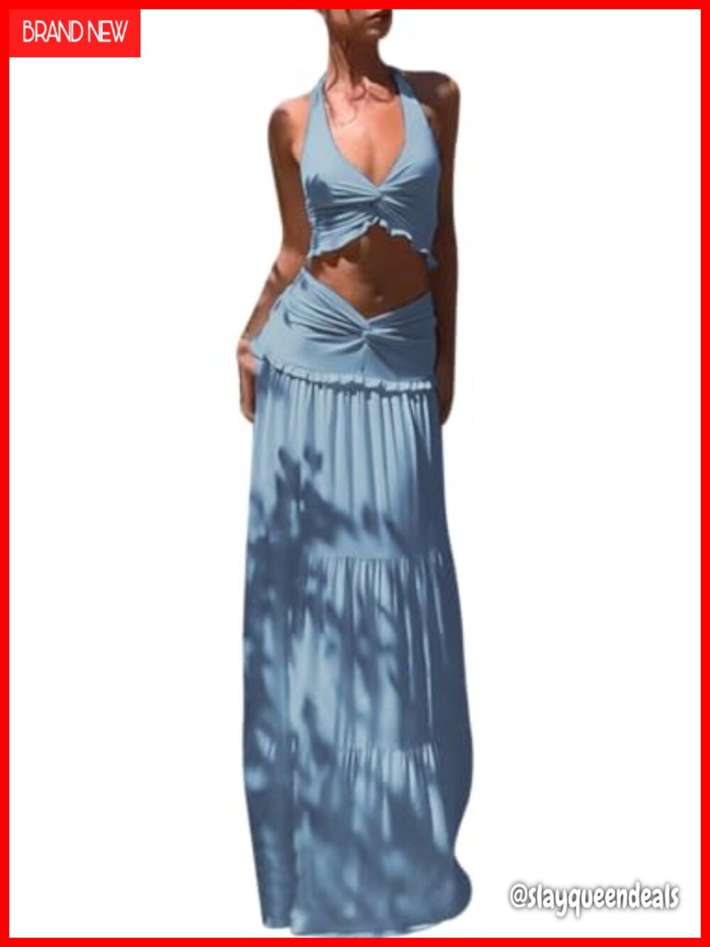 Womens 2 Piece Skirt Set Halter Top Flowy Ruffle Maxi Skirt Y2K Summer
